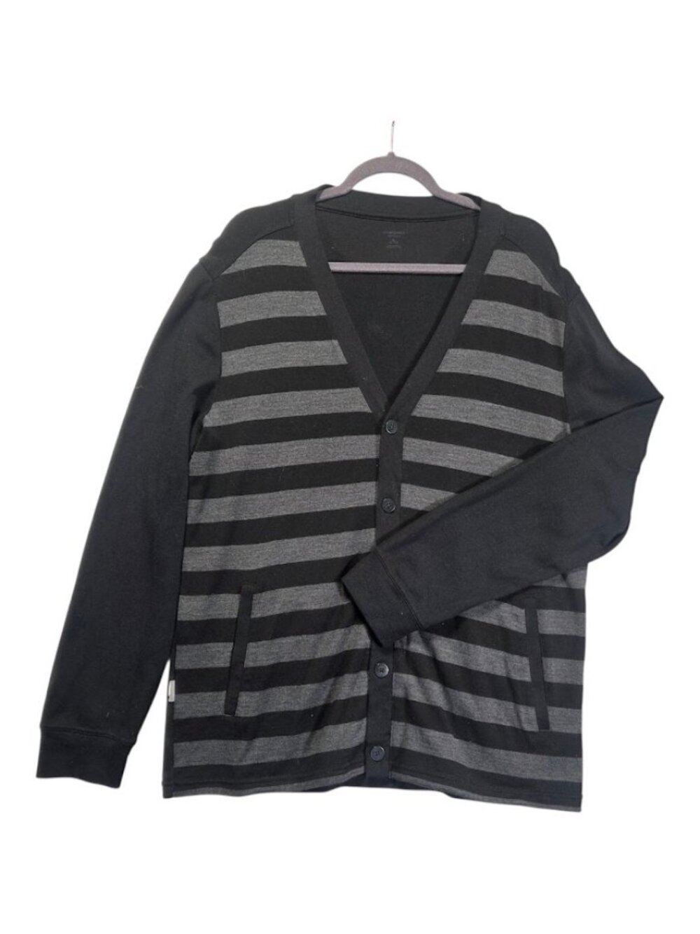 Icebreaker 100% Merino Wool Cardigan Sweater Black Charcoal Striped Button Up,XL